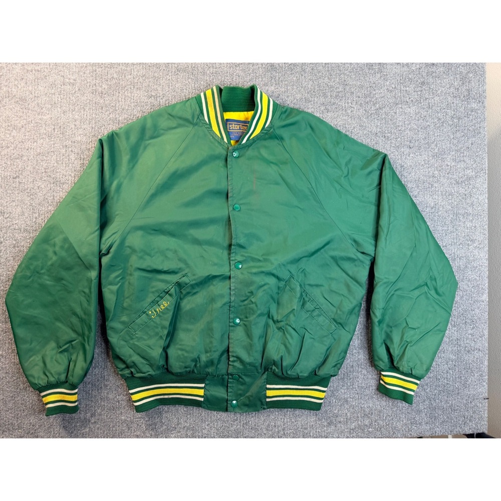 Vintage Starter Jacket XL Mens Green Satin Varsity Bomber 90s Stained Streetwear